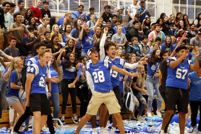The 2019 junior class celebrates the end of a pep rally before the annual Eddy County War football game between Carlsbad and Artesia. Carlsbad and Artesia will play in the 104th edition of the rivalry game on March 5, 2021.