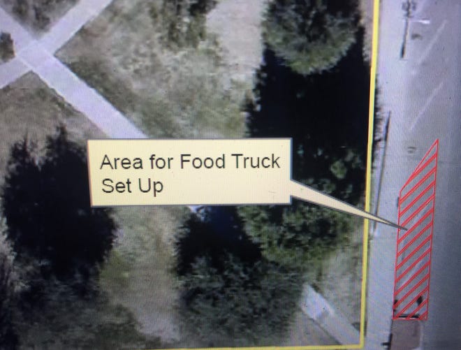 A screen capture from the April 13, 2021 Carlsbad City Council meeting shows a location on Canyon Street where Carlsbad MainStreet plans to have regular visits from food trucks.