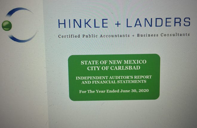A screenshot from the April 13, 2021 Carlsbad City Council meeting shows the cover of the annual audit conducted by an Albuquerque accounting firm.