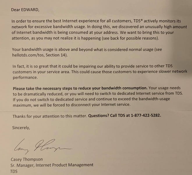 A letter from TDS Telecommunications to Carlsbad resident Eddie Sanchez noted his internet usage was higher than normal and he would have to switch from residential service to business service.