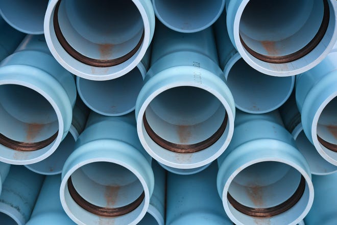 A bundle of PVC water pipes are shown, April 6, 2021, at the Fairview Water Authority in Fairview Township, Erie County, Pennsylvania.