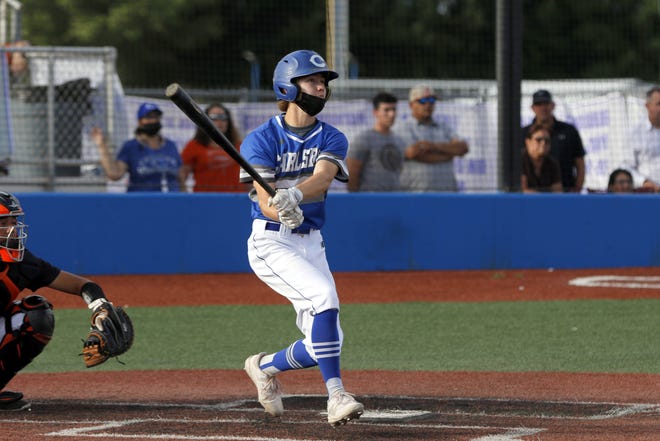 Carlsbad's Tristan Thomas watches his hit go deep into the outfield in the fourth inning. Thomas got a double off the hit and scored the first run of the game against Artesia on May 21, 2021. Artesia won, 5-3.