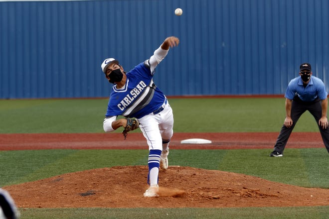 Carlsbad's Mack Mabry pitches against Artesia on May 21, 2021. Mabry threw five scoreless inning but Artesia won, 5-3.