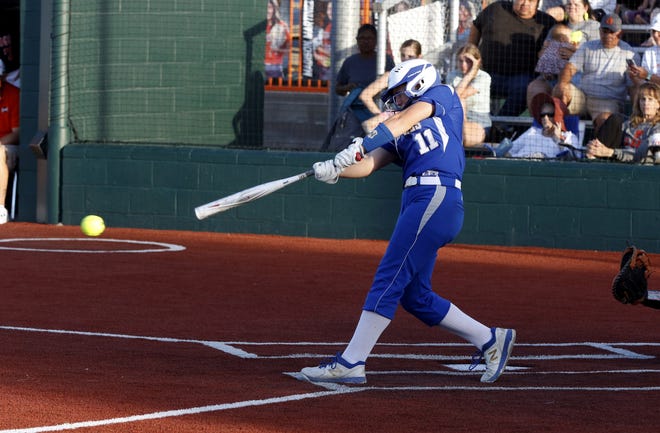 Haiven Schoolcraft connects with a pitch for one of her two hits against Artesia on May 25, 2021.