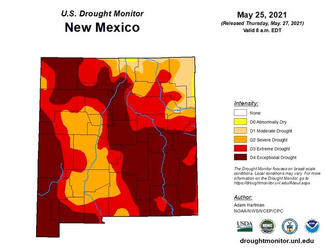 The U.S. Drought Monitor for New Mexico as of May 27, 2021.