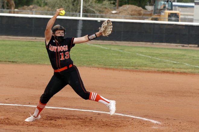 Artesia's RyLee Crandall, the 2021 NM Gatorade Softball Player of the Year pitches against Roswell in May. Crandall looks to lead the Lady Bulldogs to a third straight state 4A championship.