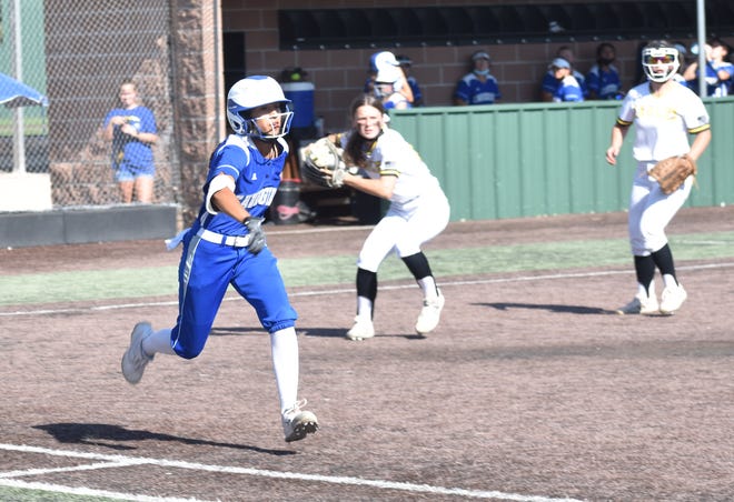 Madison Loera runs to first base after laying down a sacrifice bunt Thursday during a 6-5 extra-inning win over Hobbs at Veterans Memorial Complex.