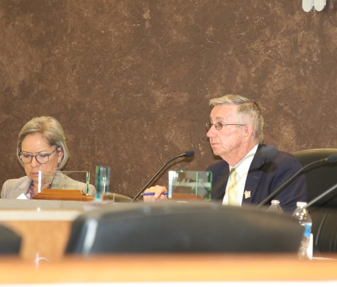 Carlsbad City Attorney Denise Madrid Boyea (left) and Carlsbad Mayor Dale Janway during the June 8, 2021 Carlsbad City Council meeting. Councilors approved a zone change and annexation of property near Callaway Drive and Cherry Lane.