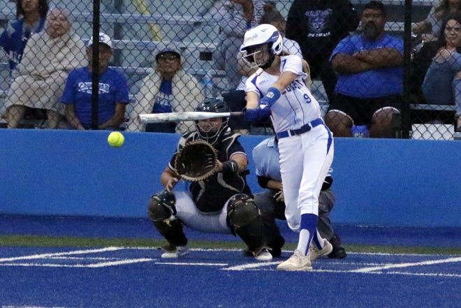 Jessica Munro hits against Clovis on June 1, 2021. This season Munro is batting .403 with 20 RBIs including a home run and scored 25 runs.