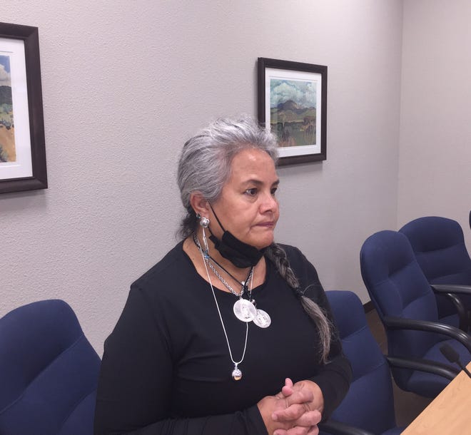 Carlsbad City Councilor Lisa Anaya Flores gets ready to address citizens concerns over a proposed federal migrant facility in Carlsbad on Aug. 24, 2021.