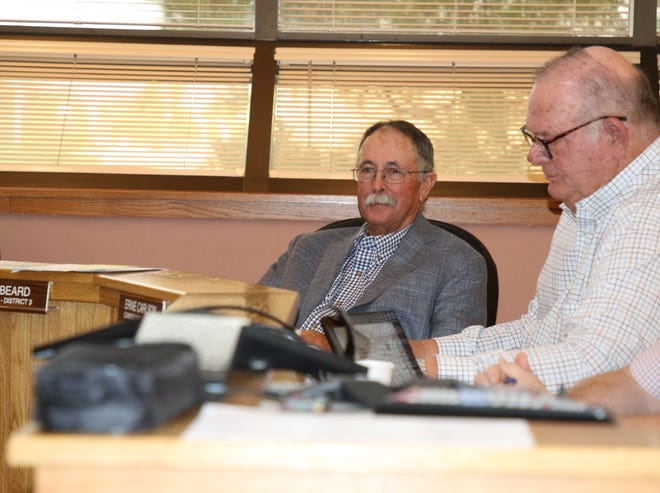 District 3 Eddy County Commissioner Fred Beard (left) and District 1 Eddy County Commissioner Ernie Carlson during the July 6, 2021 Eddy County Commission meeting. Commissioners passed a resolution declaring a local flooding disaster in Eddy County.