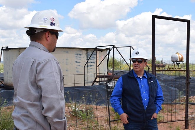 U.S. Sen. Ben Ray Lujan (D-NM) meets with workers at an abandoned oil wells, Aug. 17, 2021 in Hobbs.