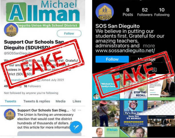 Two fake social media accounts reportedly created by Trustee Michael Allman and his supporters in an attempt to stymie the current recall effort against him. Courtesy screenshots