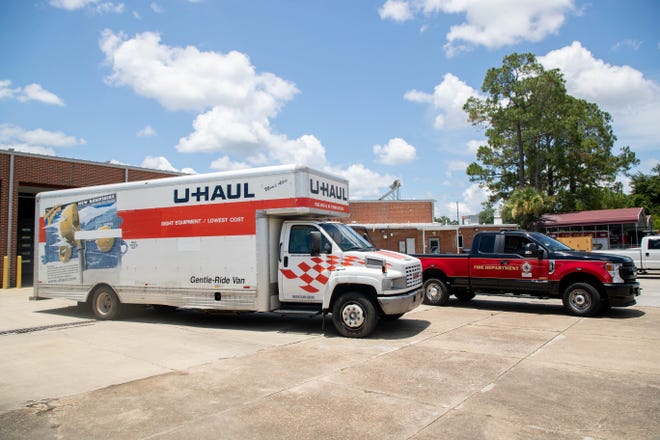 One of two full-sized U-Haul trucks loaded up with supplies for the Tallahassee Fire Department's Urban Search and Rescue Team, also known as Florida Task Force 7, sits ready to go as the team prepares to deploy to Surfside to aid in the aftermath of the Champlain Towers South Condo collapse at Fire Station 4 on West Pensacola Street Sunday, June 27, 2021. 