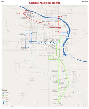 A map courtesy of the City of Carlsbad shows Carlsbad Municipal Transit bus routes.