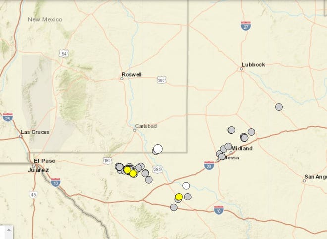 A map of 102 magnitude 3 or more earthquakes reported in the Permian Basin region since January 2021.
