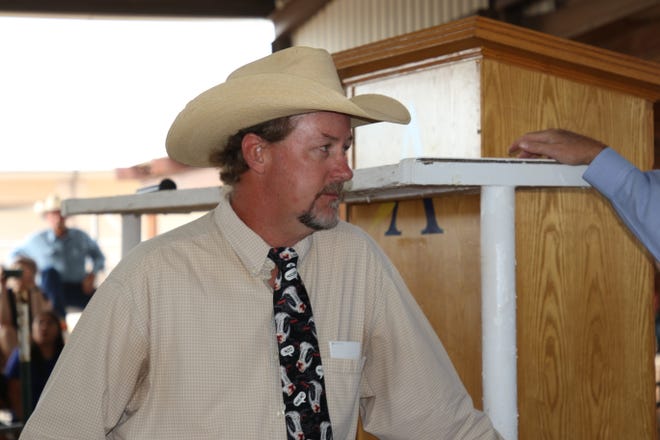 Eddy County 4-H Agent Wayne Shockey prepares for the Eddy County Fair Jr. Livestock Auction on July 31, 2021 in Artesia.