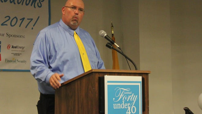 Jeff Campbell, director of marketing and business development at the Carlsbad Chamber of Commerce speaks to visitors before introducing the 2017 class of Carlsbad's 40 Under 40.