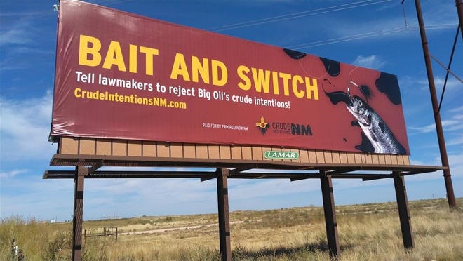 A billboard posted by Progress Now New Mexico expresses concerns for impacts of oil and gas in the Hobbs area.