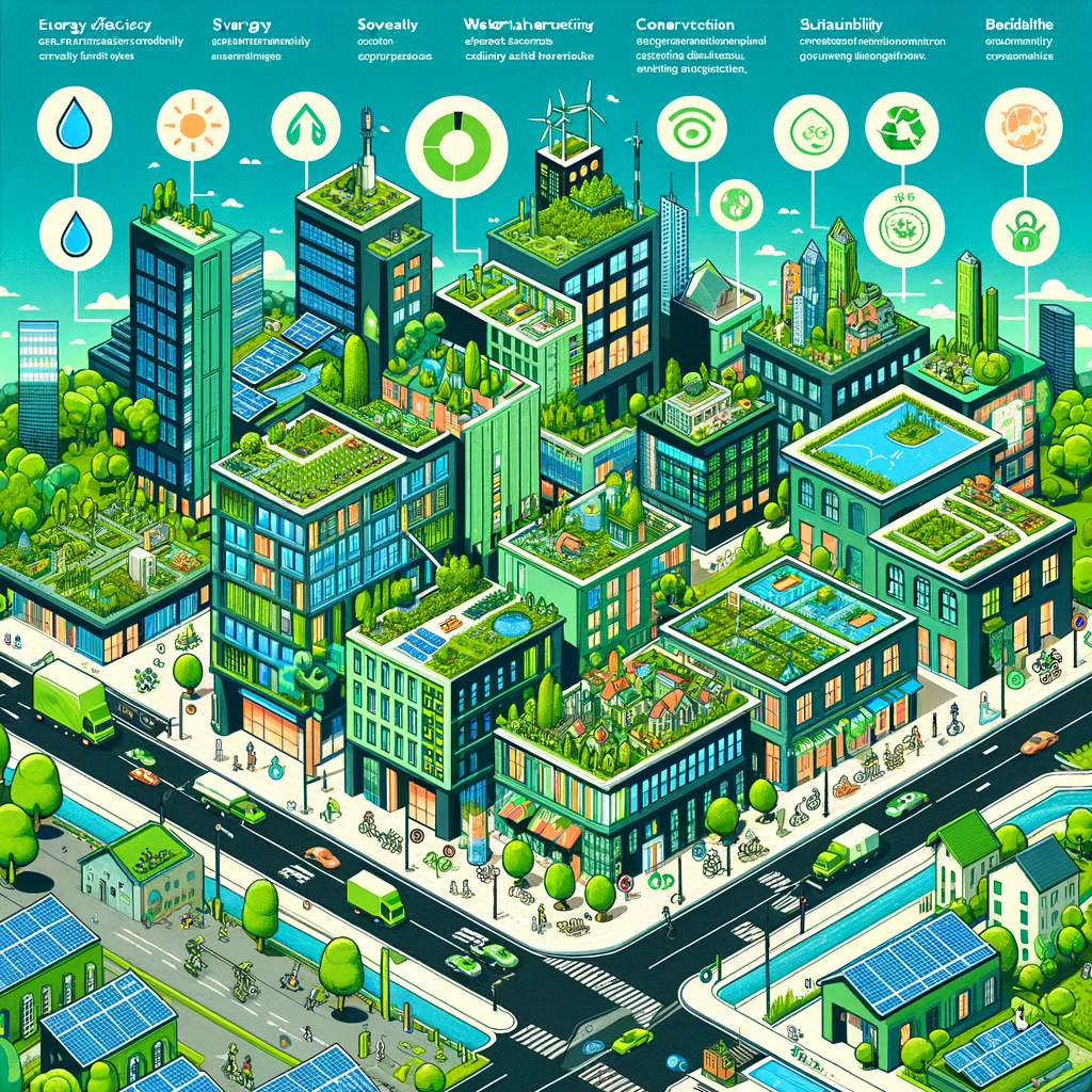 A vibrant, green cityscape showcasing buildings with solar panels, green roofs, and rainwater harvesting systems, alongside sustainable transportation options.