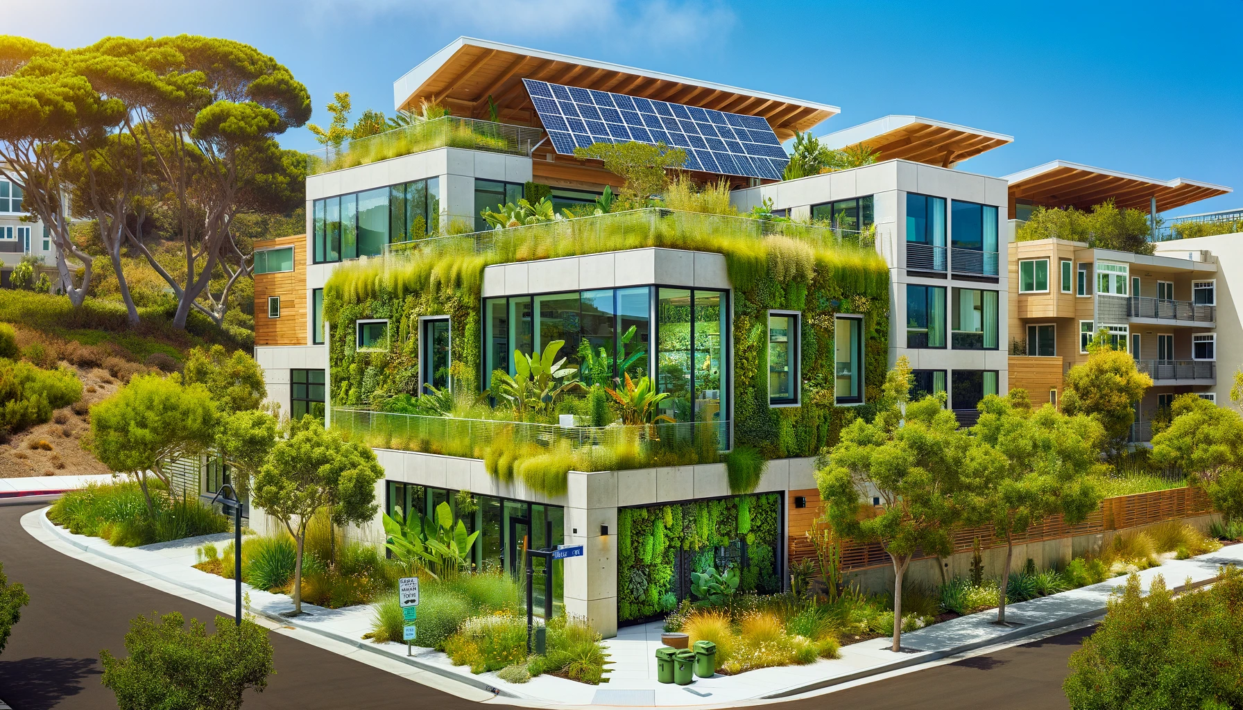 A modern, eco-friendly building in Encinitas, CA, surrounded by lush greenery and solar panels.
